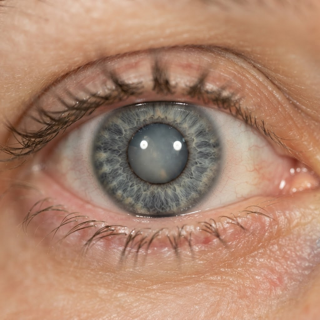 Close-up of an eye with a cloudy cataract lens
