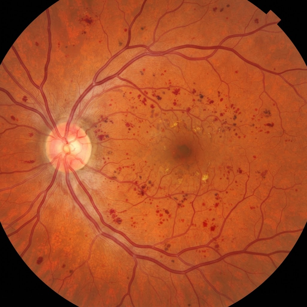 Retinal image showing signs of diabetic retinopathy