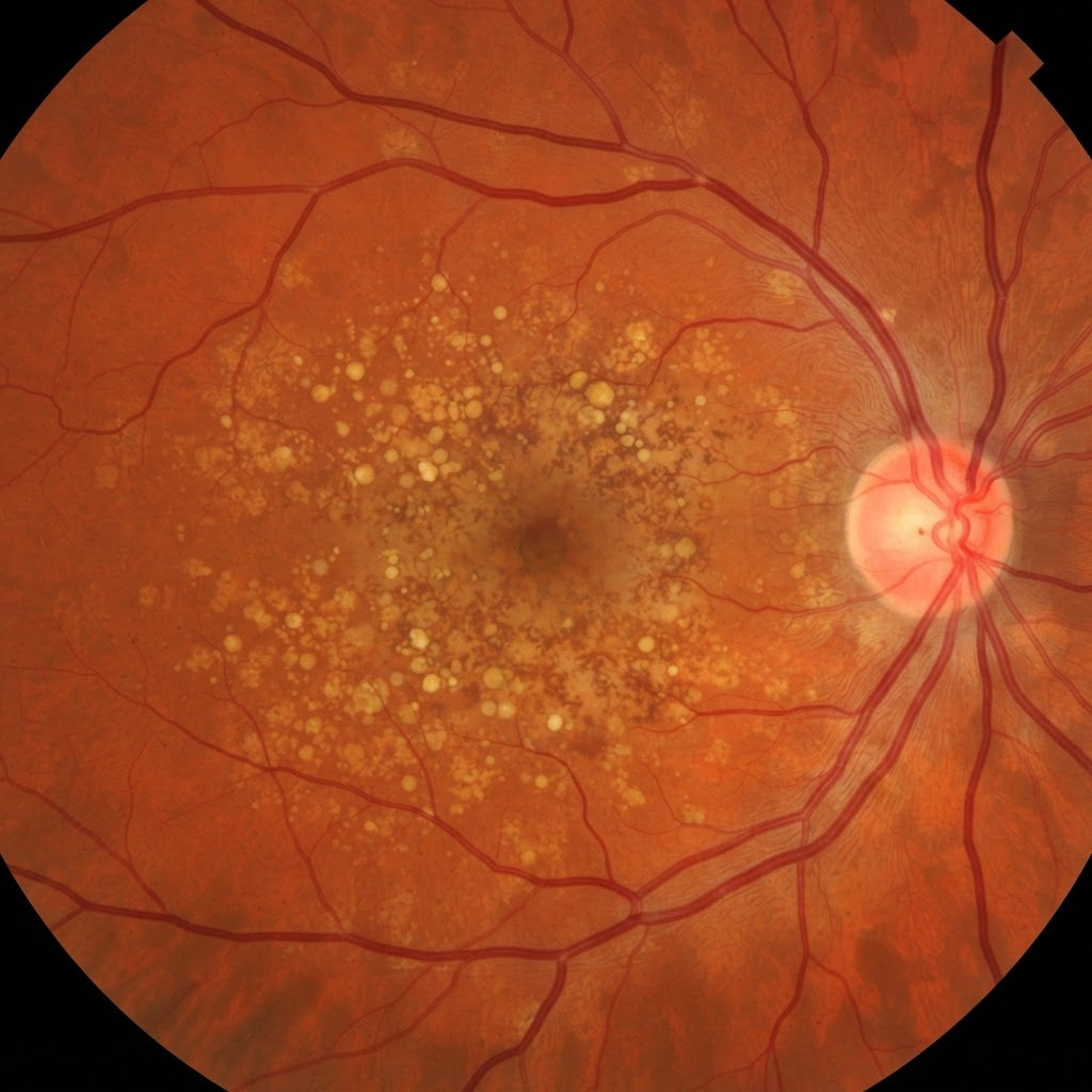 Retinal image showing macular degeneration with drusen deposits