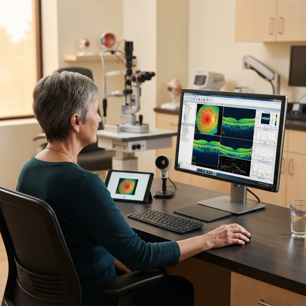 A patient reviewing their retinal scan on a diagnostic monitor at Eye Medical Group in Norman, Oklahoma